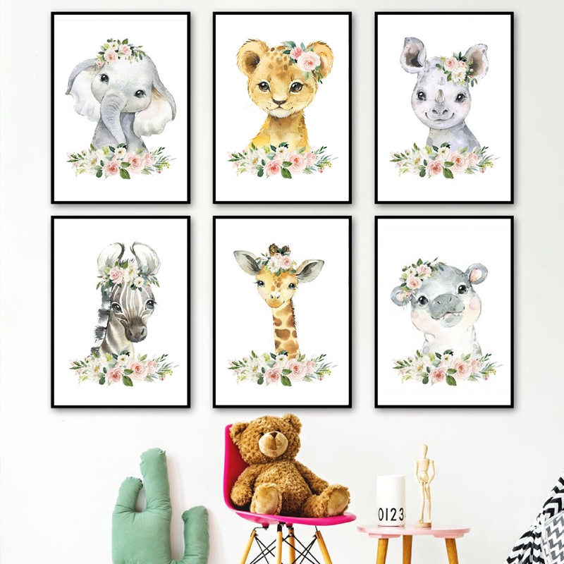 Baby Nursery Decor Girl - Floral Jungle Animals Canvas Prints Nursery