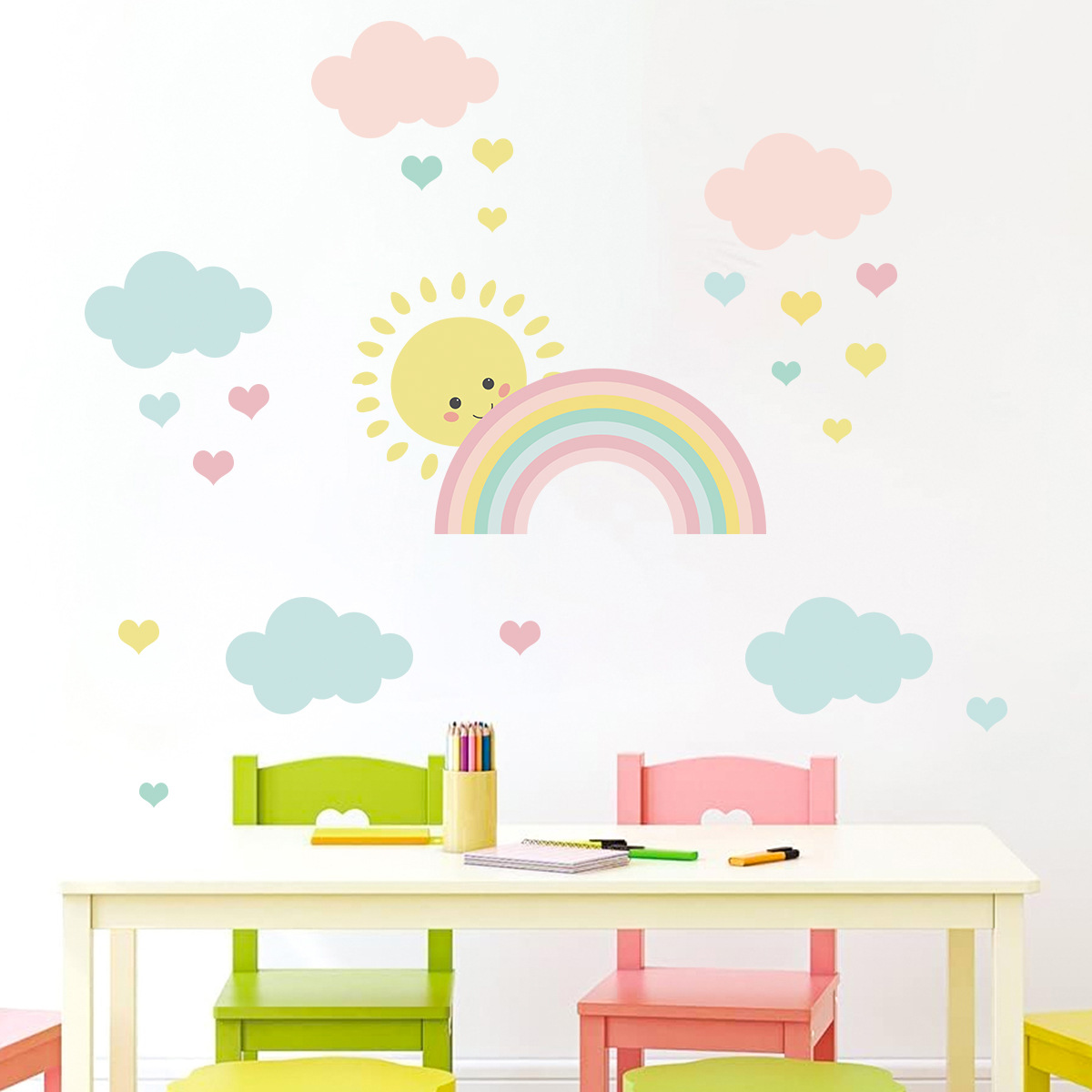 Baby Nursery Decor Girl - Cartoon Sun Rainbow Clouds Wall Decals