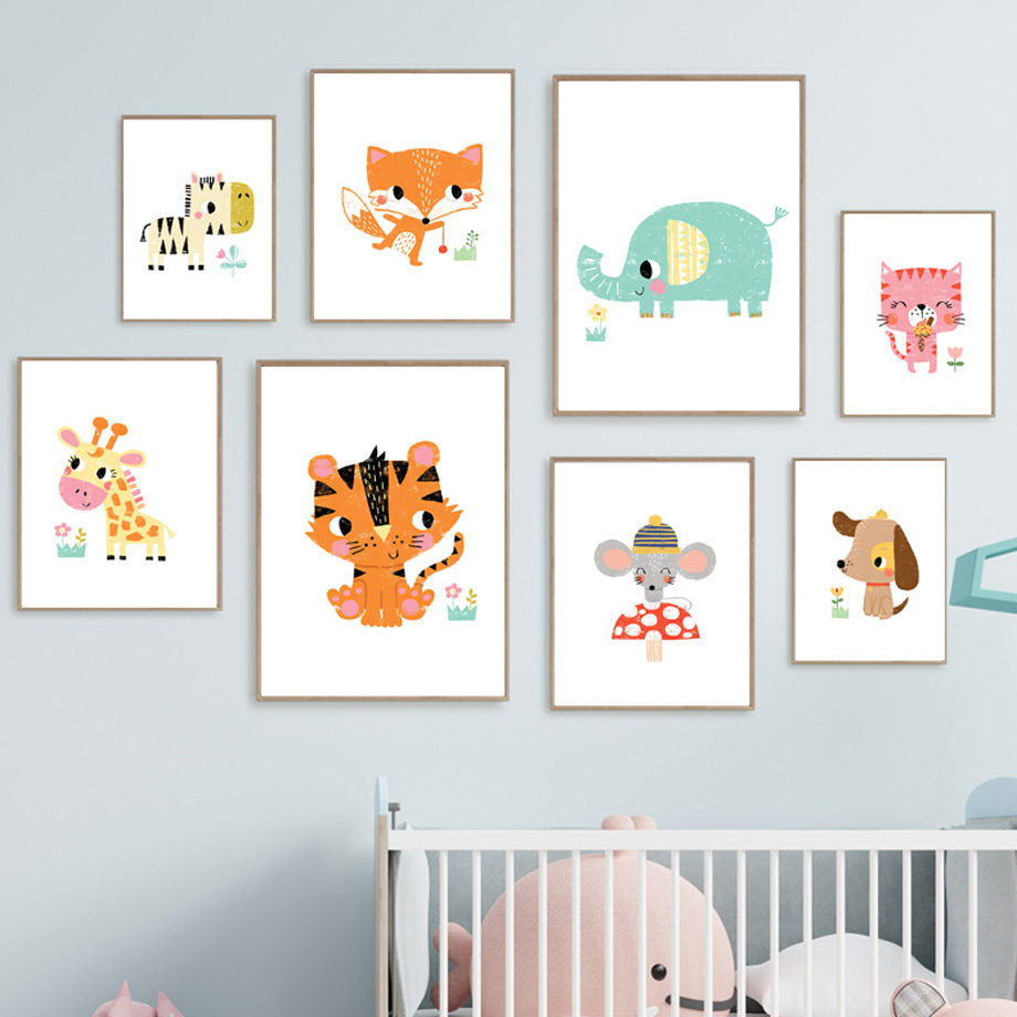 Baby Nursery Zoo Animals - Cartoon Baby Animal Nursery Wall Art
