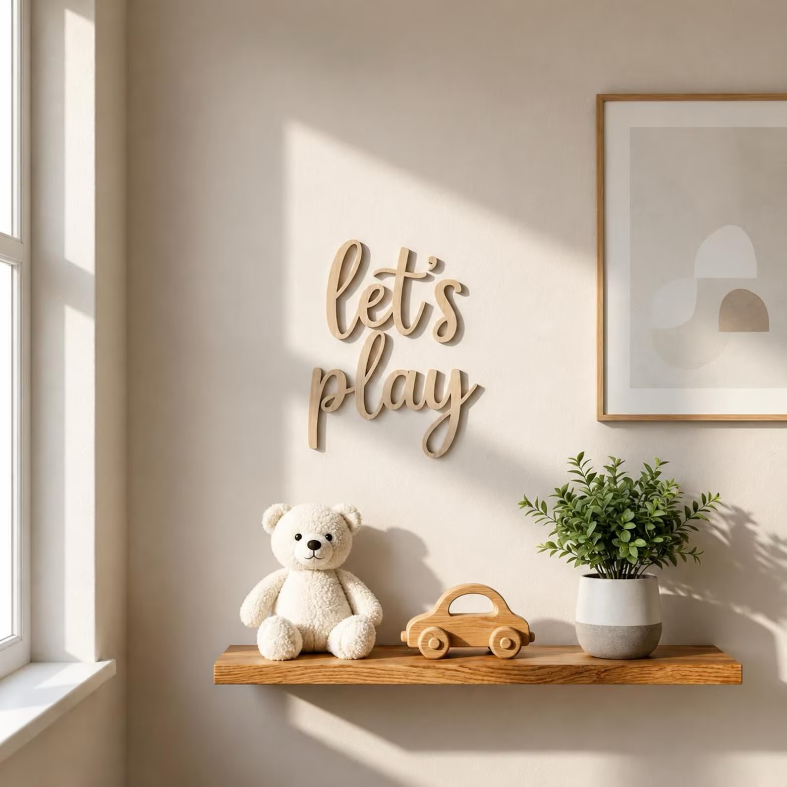 Baby Nursery Wall Art - Let's Play Wooden Wall Sign, Playroom