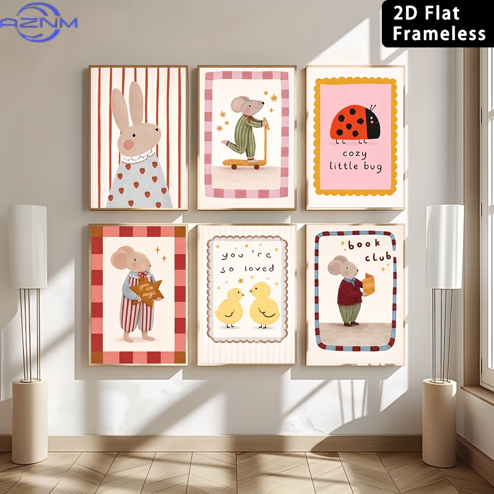 Baby Nursery Wall Art - 6pcs Frameless Cute Cartoon Animal Canvas