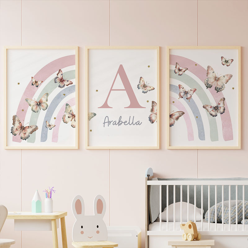 Baby Nursery Decor Girl - Pink Rainbow Butterfly Custom Baby Name