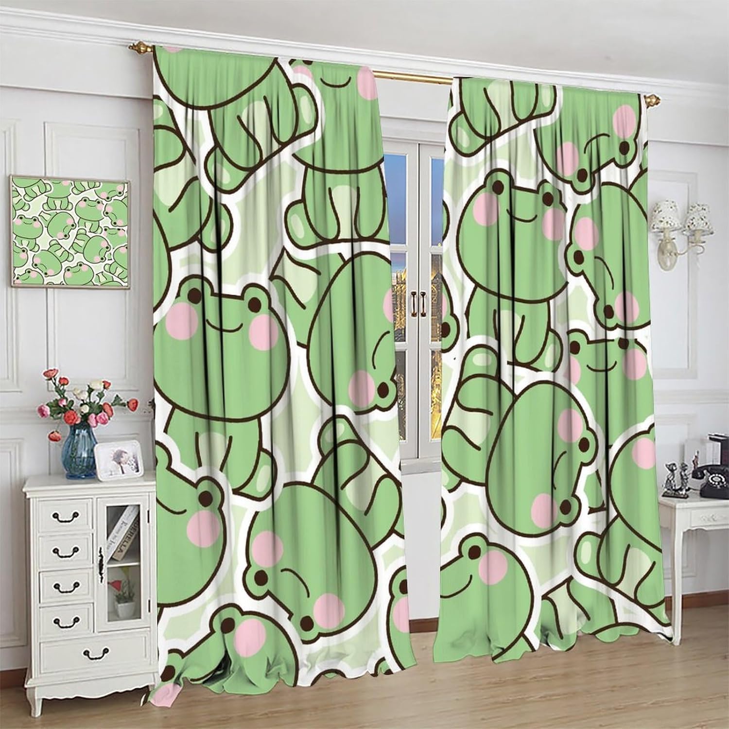 Cute Green Frog Pattern Curtai - Baby Nursery Office ulasan dan harga