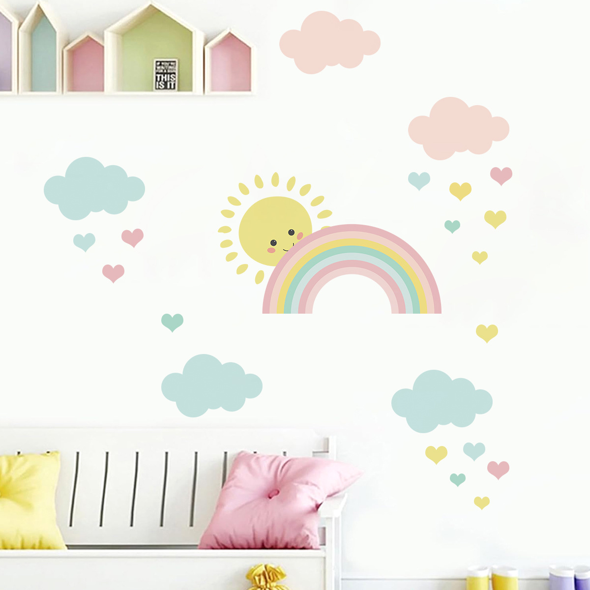 Cartoon Sun Rainbow Clouds Wal - Baby Nursery Decor Girl ulasan dan harga