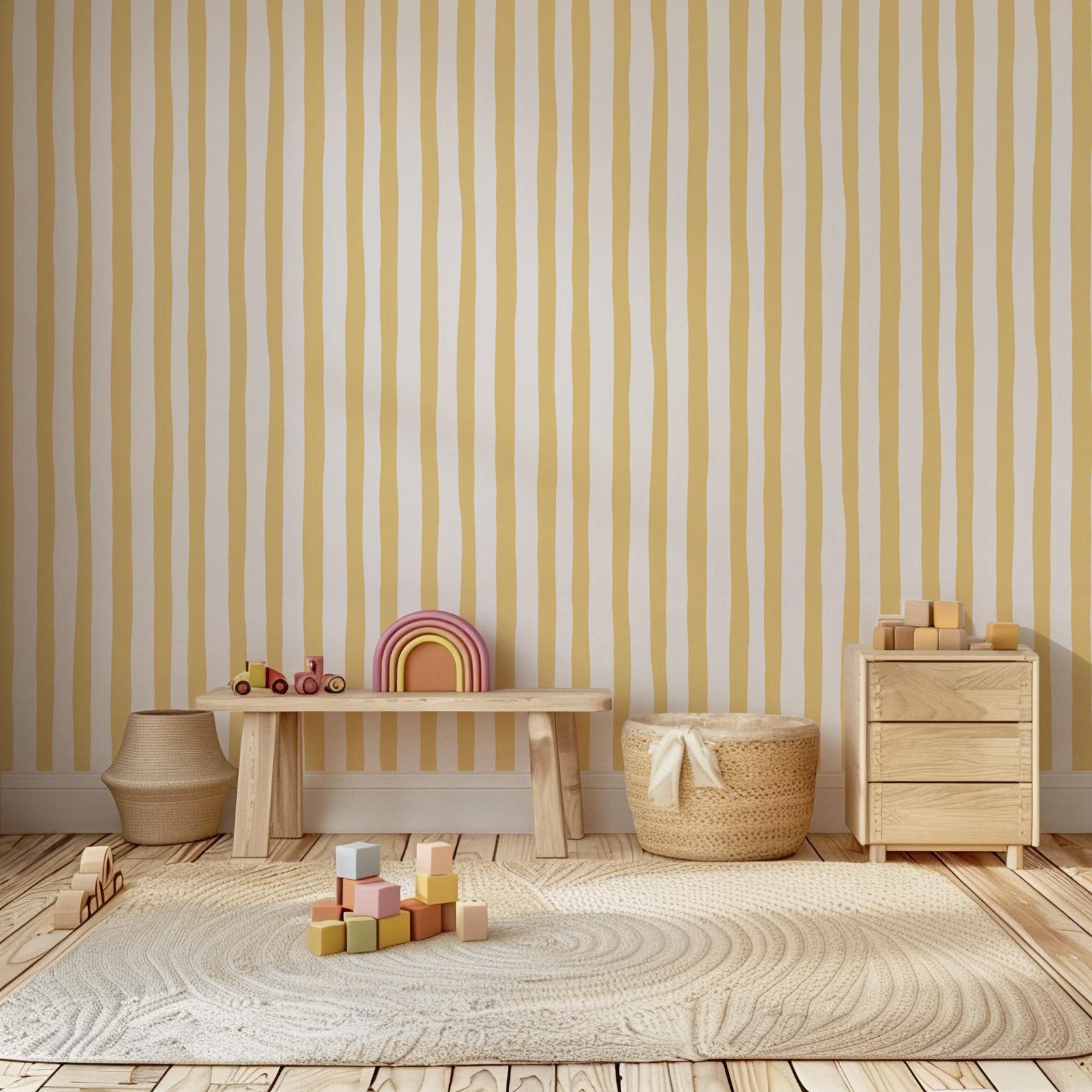 Sunshine Yellow Wobbly Stripes - Baby Nursery Peel And Stick Wallpaper ulasan dan harga