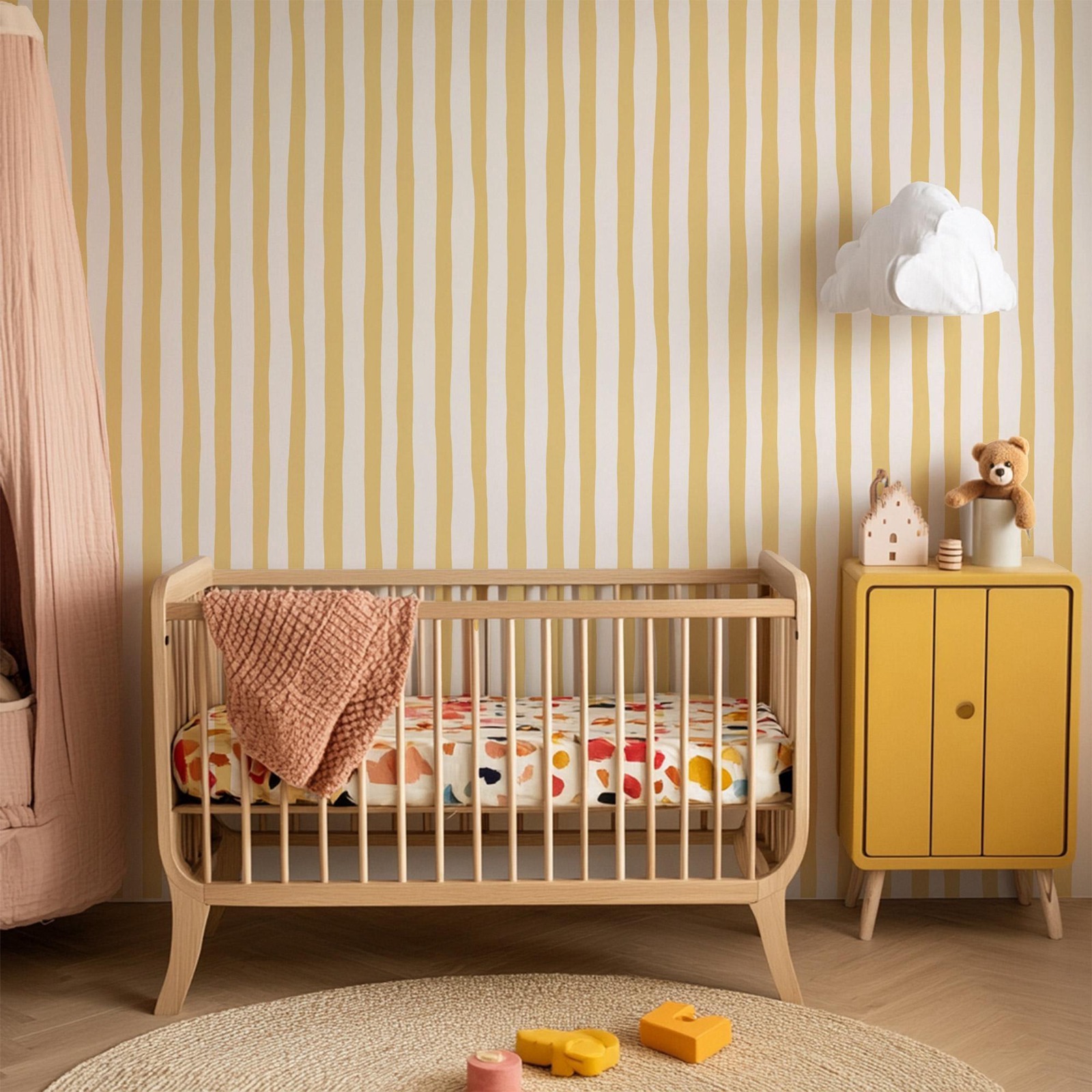 Sunshine Yellow Wobbly Stripes - Baby Nursery Peel And Stick Wallpaper ulasan dan harga
