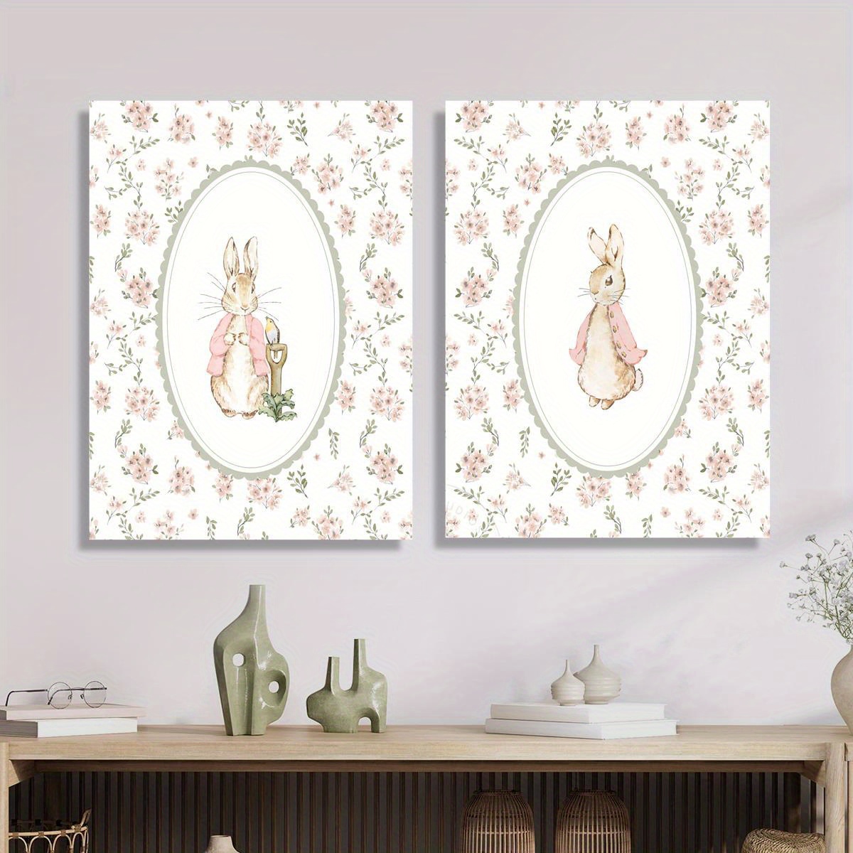 2pcs Retro Easter Rabbit Canva - Baby Nursery Decor Girl ulasan dan harga